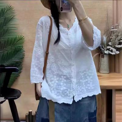 Niche Solid Color Casual Versatile Flower Embroidered Single-breasted Top Summer Thin Literary Shirt