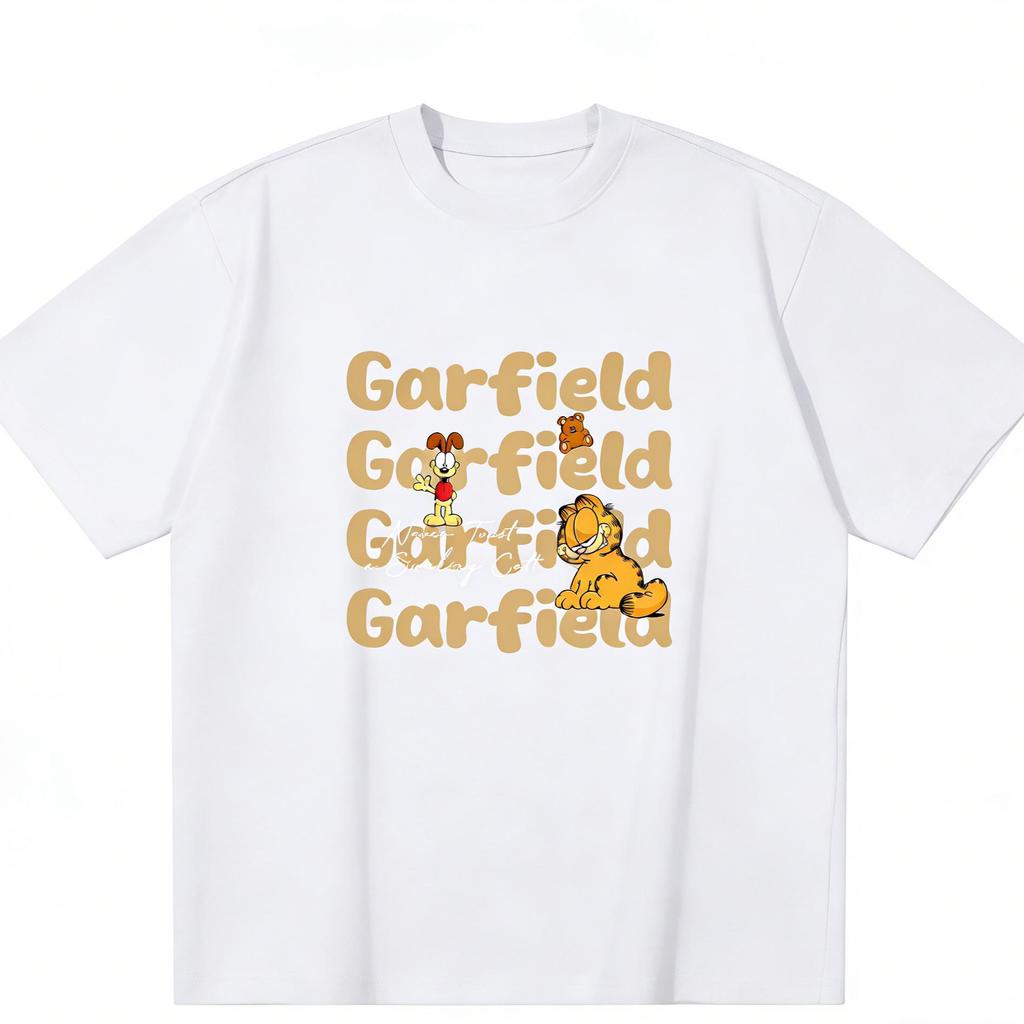 Garfield & Odie Repeating Letters Trendy T-Shirt! American Retro Fun Print Loose-Fitting Short Sleeve, Unisex, Oversize Couple Tee