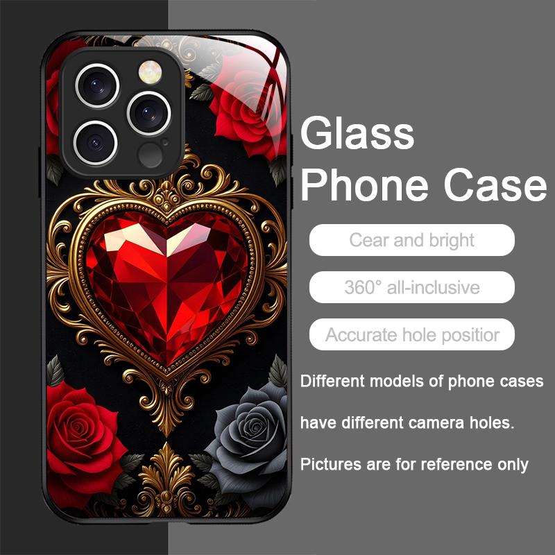 Elegante Custodia in Vetro Temperato con Motivo a Cuore di Pietre Preziose per iPhone 17 16 Pro Max 15 14 13 12 Mini 11 X XS 7 8 Plus Cover