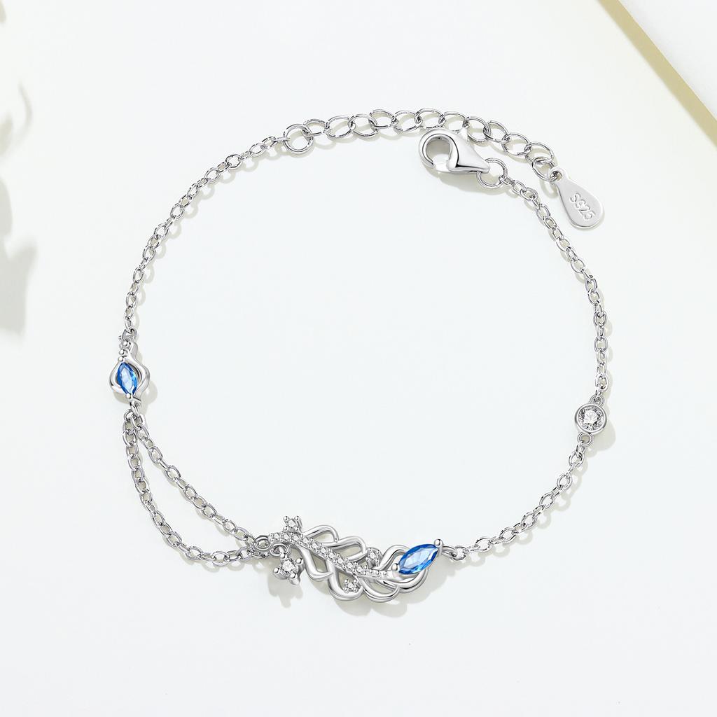 PANPOKI New 925 Silver Blue Feather Lucky Symbol Bracelet Chain Link Women Bracelet Jewelry Party Trendy Gifts