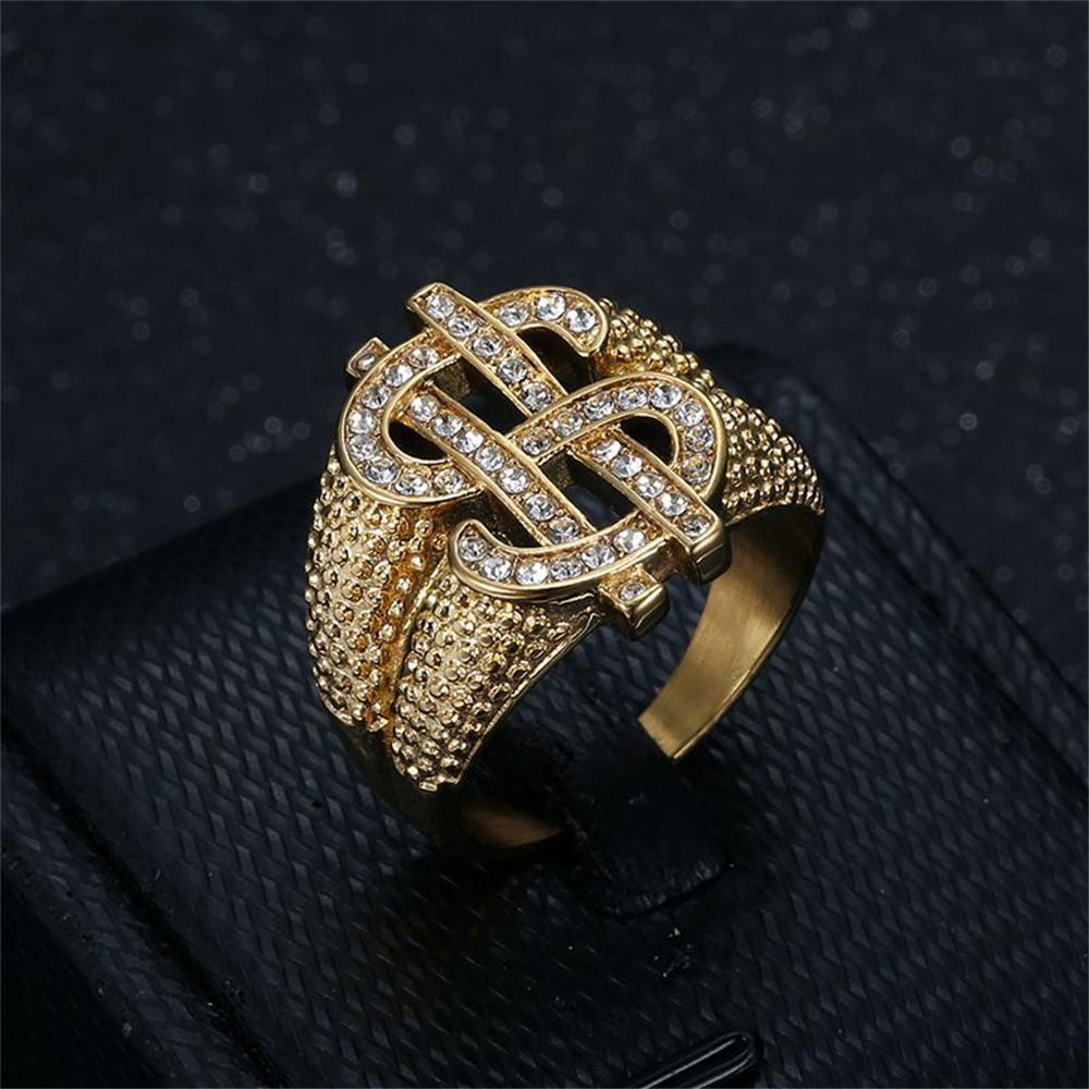 New Hip Hop Iced Out Bling Money Dollar Signs Ring Gold Color Stainless Steel Big Rapper Rings For Men Hippie Party Jewelry Gift