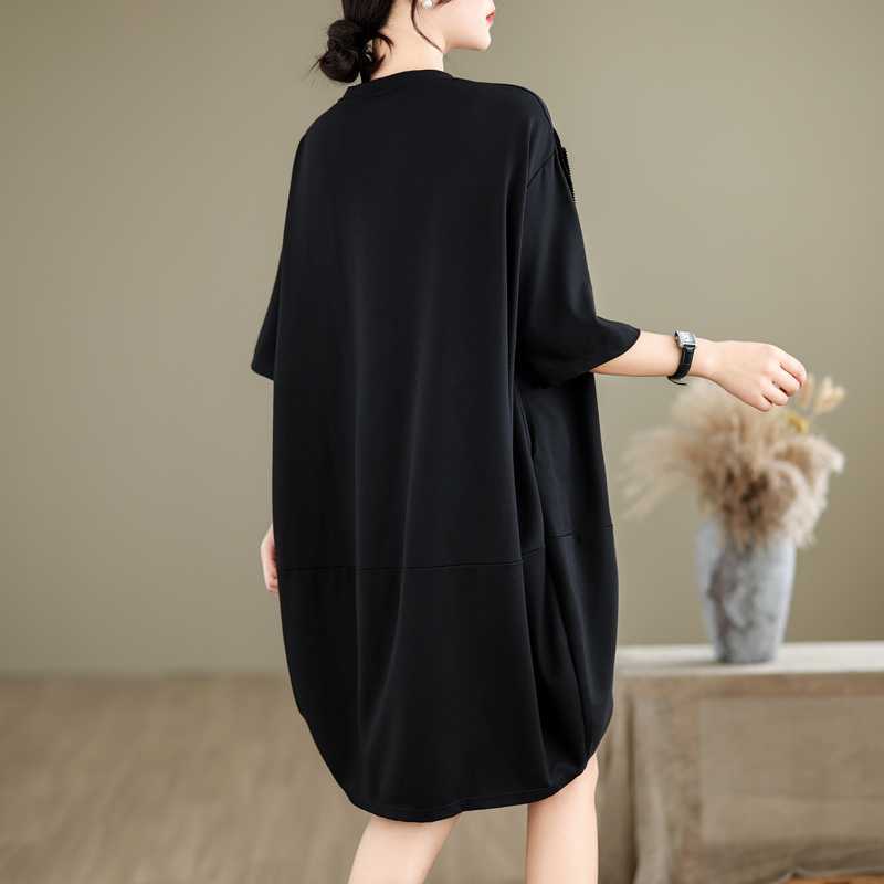 Pleated Three-dimensional Flower Short-sleeved T-shirt Dress Summer Light Luxury French Loose Chic Dress