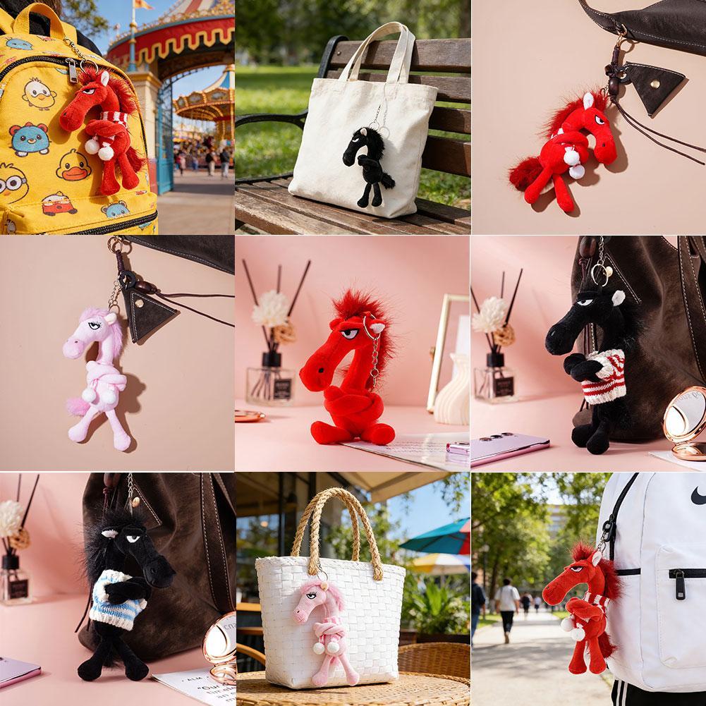 Lucky Black Horse Plush Keychain Animal Bag Charm Pendant Plush Arrogance Pony Keychain Kawaii Animal Plush Keychain Funny Toy