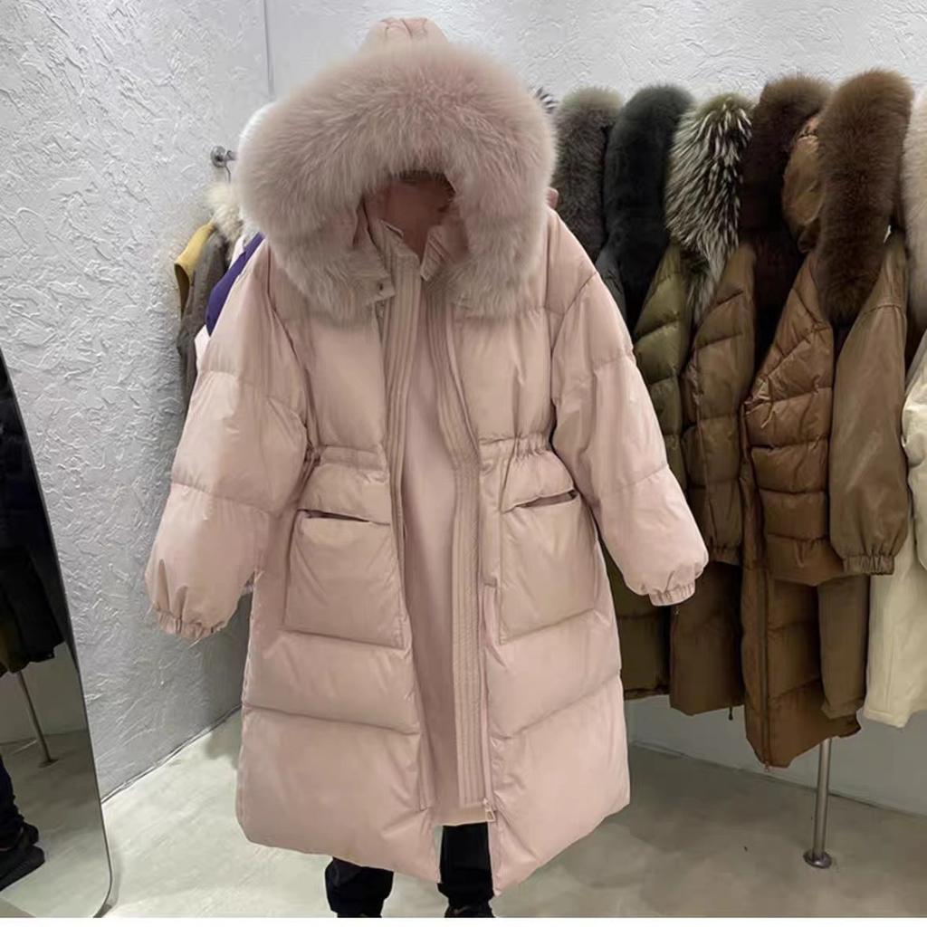 Kabát s límcem z pravé kožešiny, péřový kabát, svrchní oděv, dlouhý prošívaný kabát, teplé nadýchané parky, volný zimní kabát pro ženy