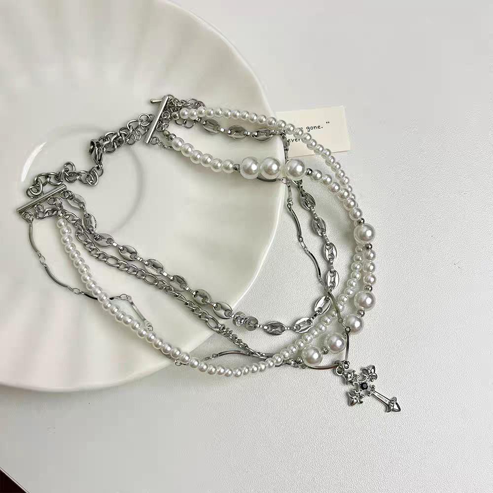 French multi-layer stacked pearl cross necklace with diamonds heavy industry choker necklace female sweet cool babes collarbone chain