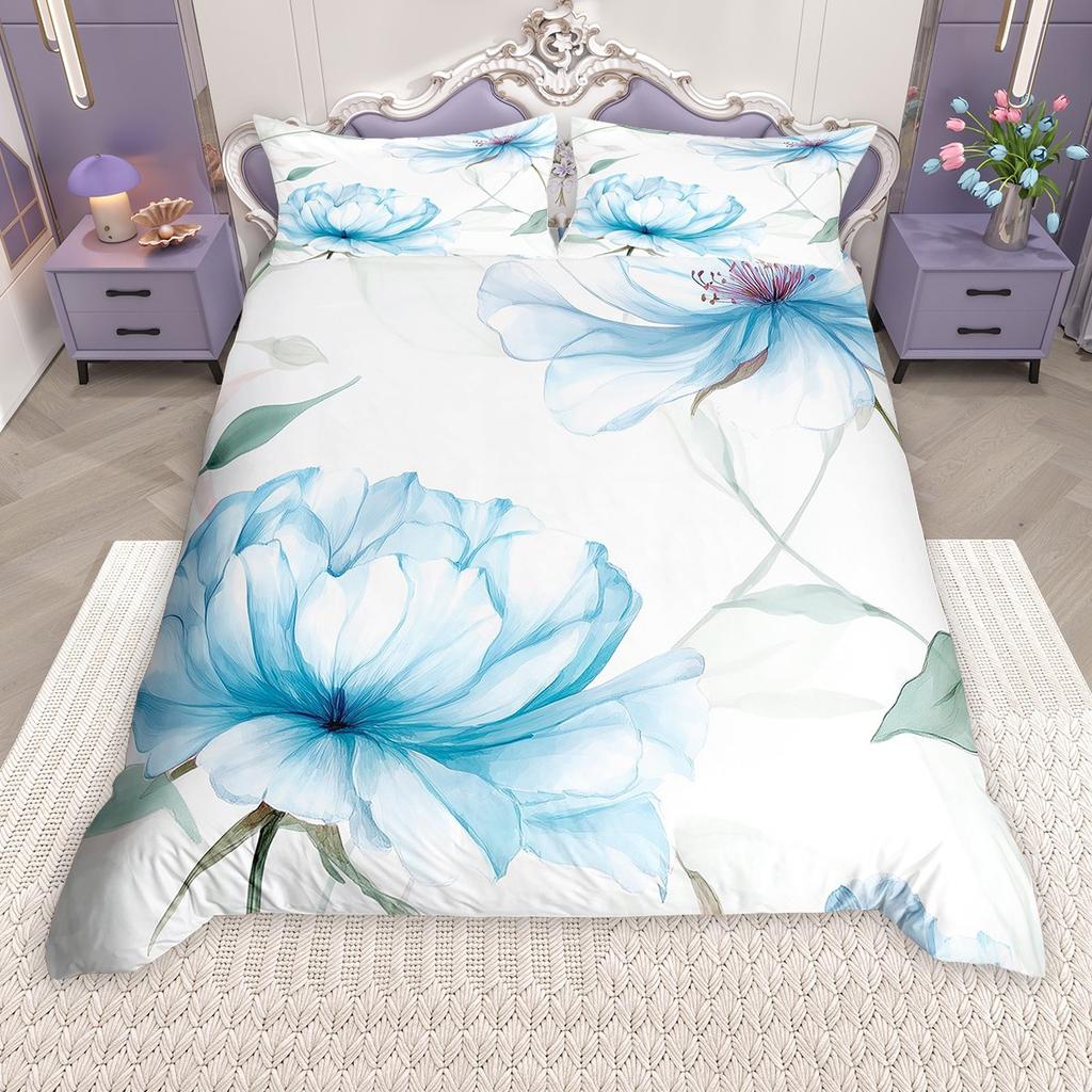 Homewish Watercolor Lotus Flower Duvet Cover Set for Girls, Oil Painting Floral Bedding Set, Botanical Blossom Comforter Cover