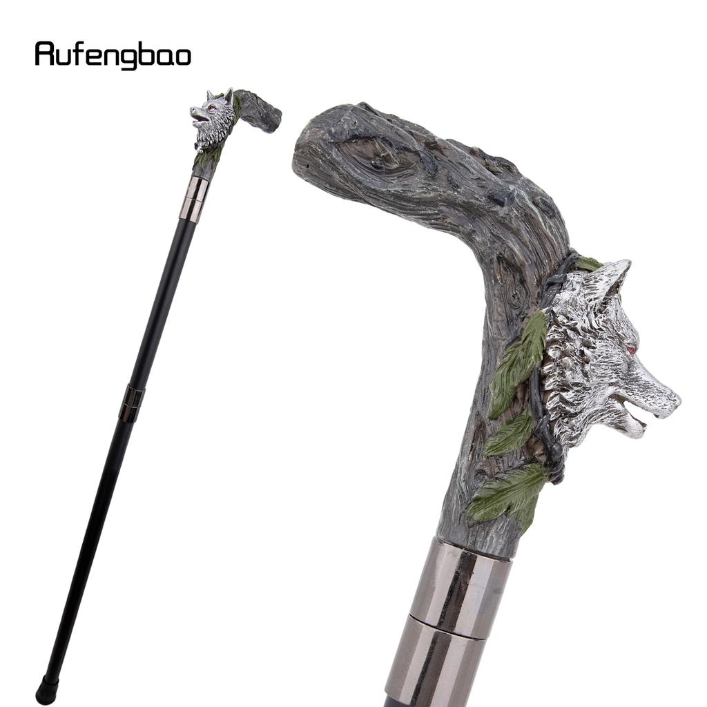 Silver Harts Varghuvud Trärot Gåkäpp Mode Dekorativ Stålstav Gentleman Elegant Cosplay Käpp Knopp Biskopsstav 93cm
