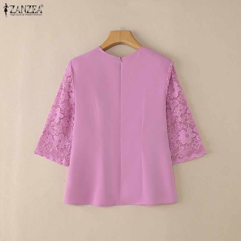 ZANZEA Women Casual Lace Crochet Splice 3/4 Sleeve Loose Blouse