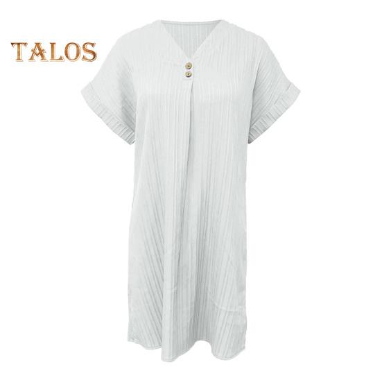 Summer Mini Dress Short Sleeves V Neck Loose Pure Color Dress Bohemian Buttons Casual Dress for Beach Vacation Daily Wear