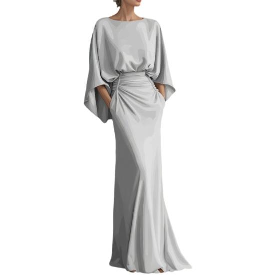 Dames Geplooide Bootnek Bruiloftsgast Jurk, Backless Vleermuis 3/4 Mouw Bodycon Lange Jurk, Formele Feest Cocktail Prom Jurk