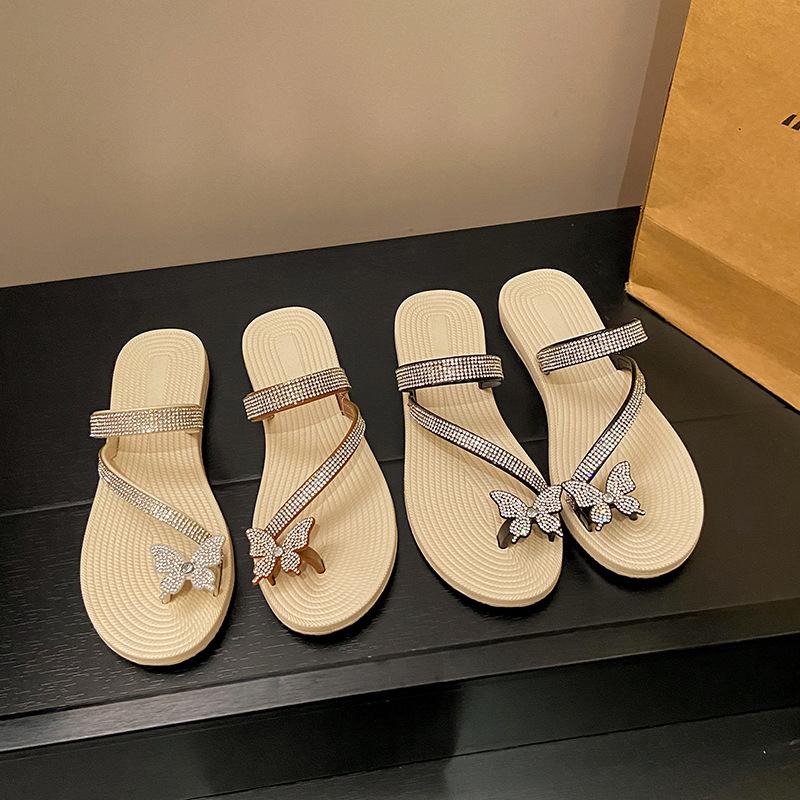 Schleifenslipper Damen Sommerbekleidung Flash-Diamant vielseitig flacher Boden rutschfest verschleißfest Schulmädchen-Mode Strandsandalen