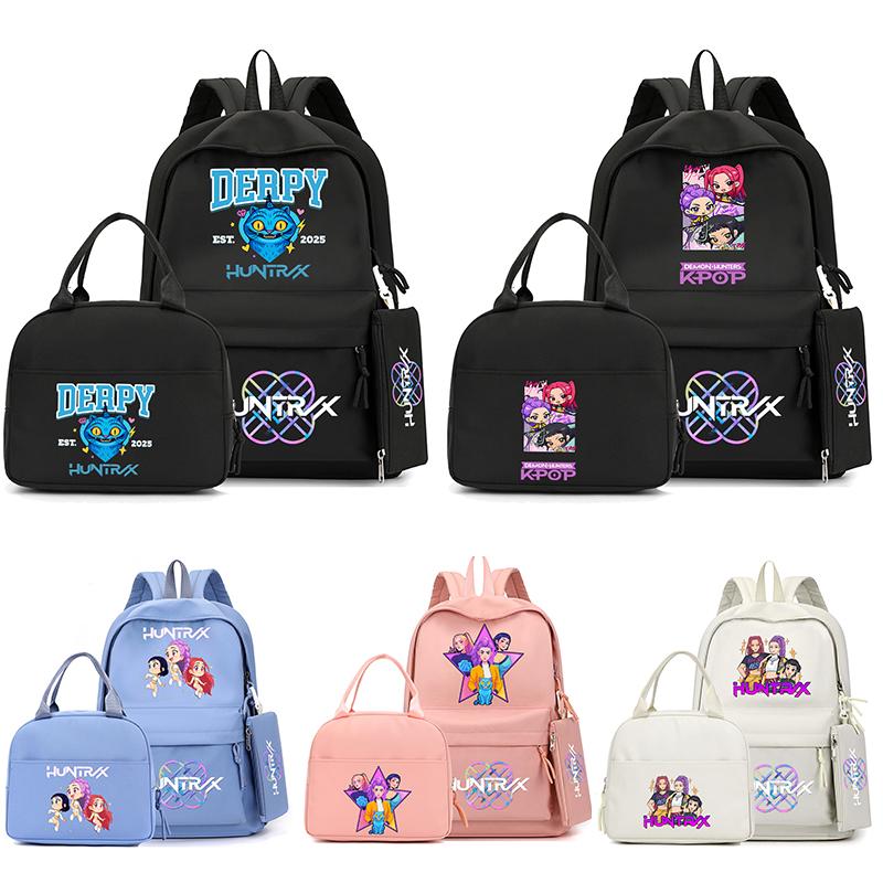 4Pcs/set Anime K-Pop Demon Hunters Printed Backpack with Handbag Pencil Case for Teenager Student Boy Girl Schoolbag Bookbag Large Capacity Travel Bag