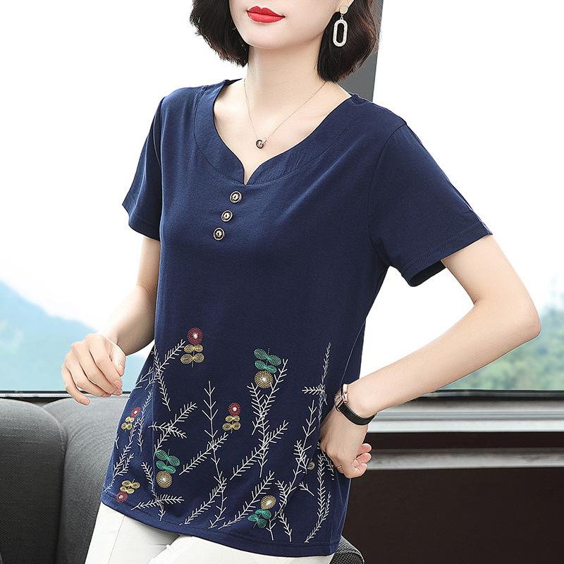 Women Loose V Neck Short Sleeve Printed Cotton T Shirt Middle Aged Mom Casual Top