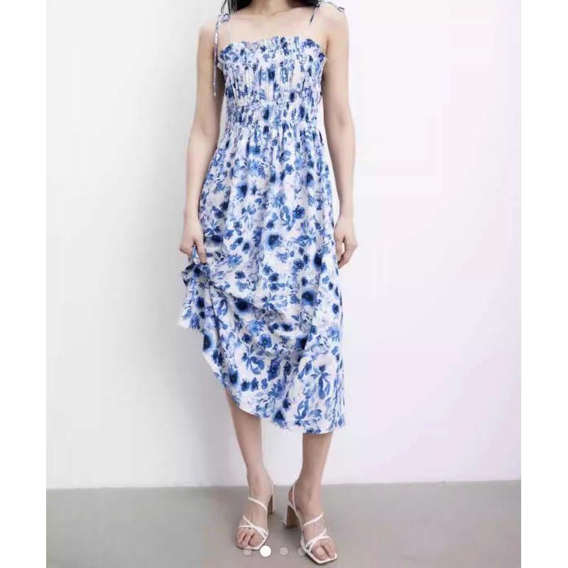 

Foreign Trade Order H Home Sling Exquisite Print Elegant Lady Cotton Stretch Chest Emphasizing Vacation Island Skirt Dress Blue Flower L