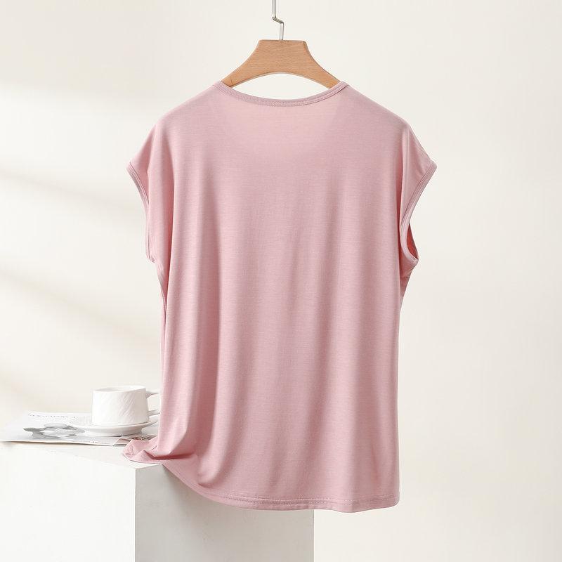 Camiseta Modal de Mujer Verano Fina Cuello Redondo Manga Corta Blusa Minimalista Holgada Tallas Grandes Transpirable Casual Diaria Camisetas