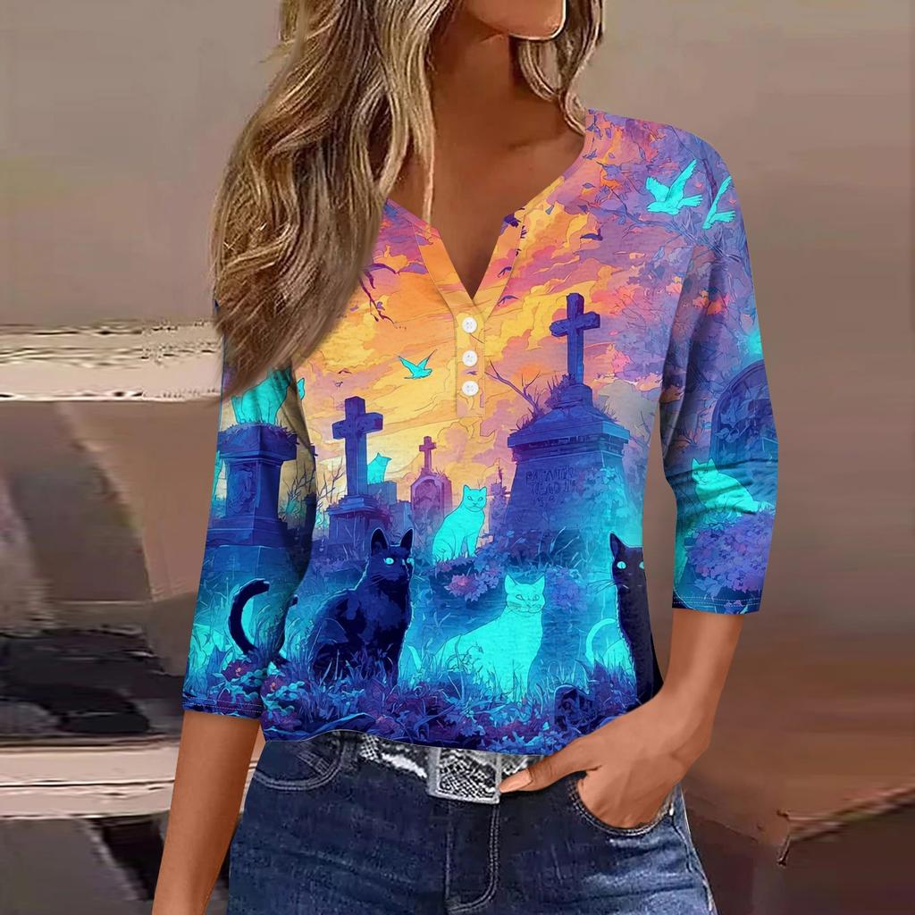 Damen V-Ausschnitt Knopf Halloween Dreiviertelarm T-Shirt Top