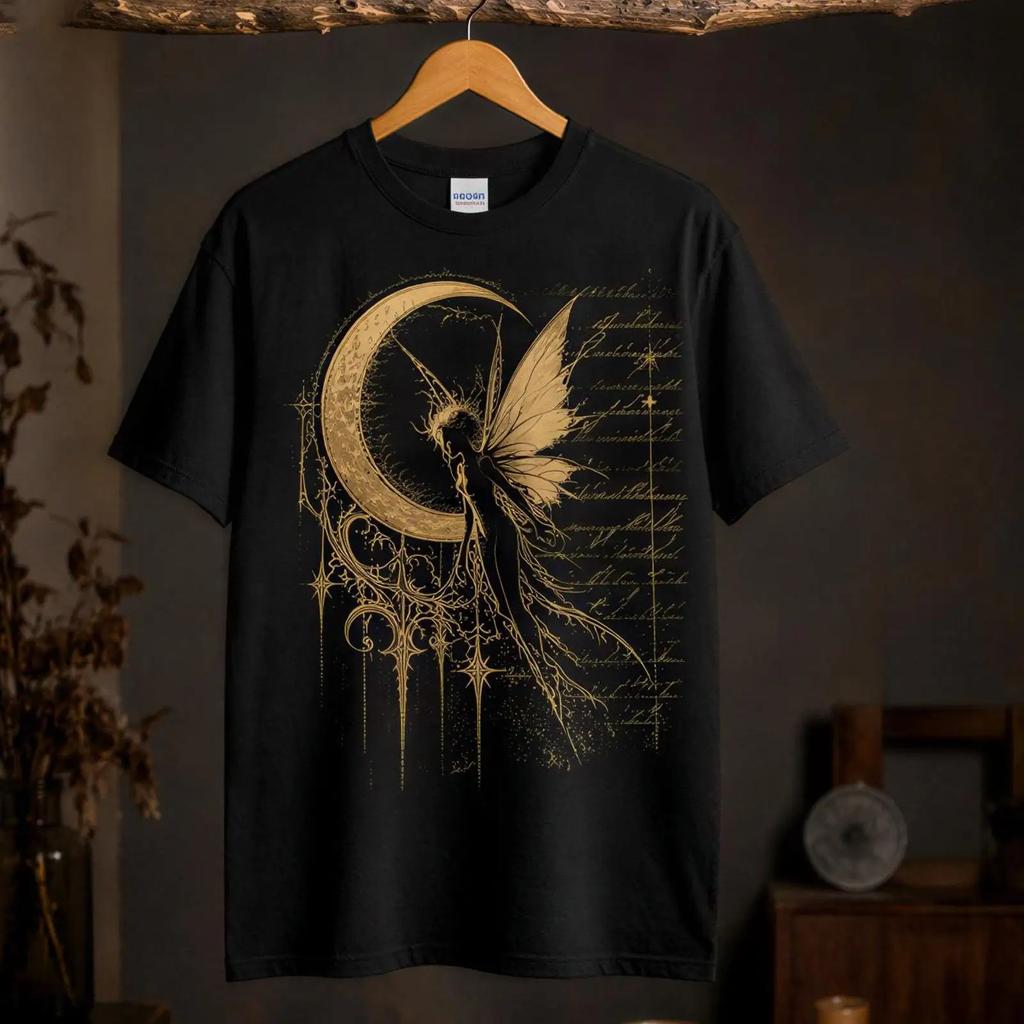 Gothic Gold Celestial Moon Fairy T Shirt Y2k Grunge Alt Goth Mystical Sigilism Dark Academia Witchy Aesthetic Casual Vintage