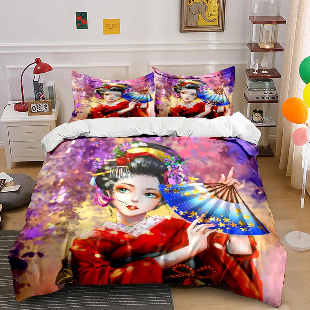 3Pcs Watercolor Kimono Girl Bedding Set, Elegant Geisha with Cherry Blossoms Print Duvet Cover, Oriental Style