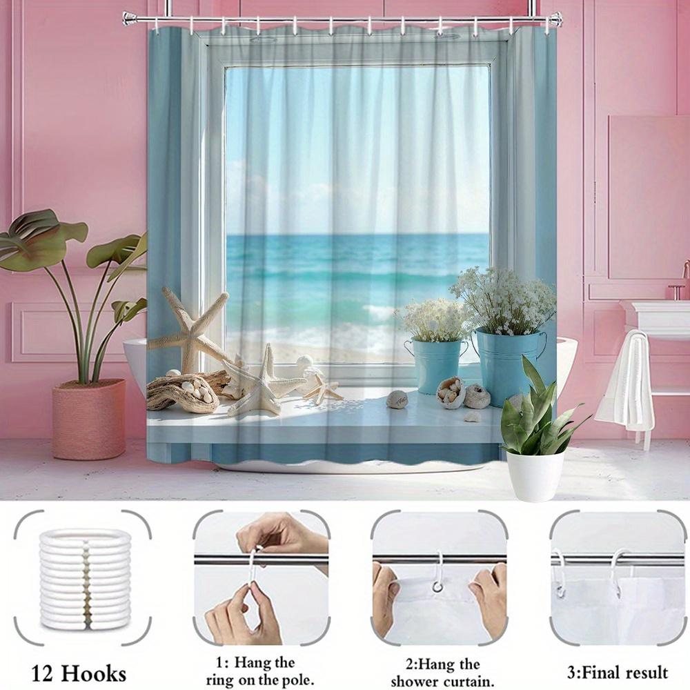 Ocean View Beach Window Shower Curtain Machine Washable All Season Waterproof Privacy Protection Coastal Design Summer 12 Hooks