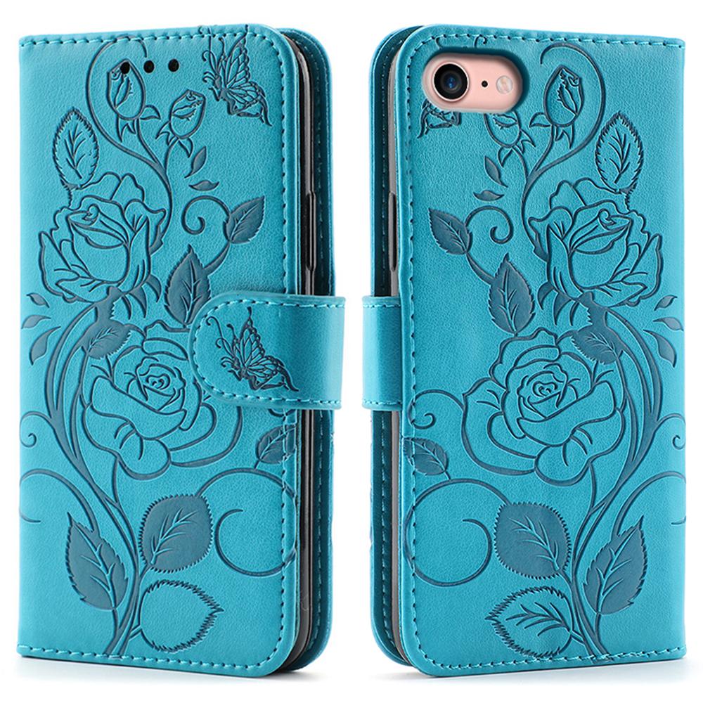 For iPhone 16e Case Wallet Stand Imprinted Rose Butterfly PU Leather Phone Cover