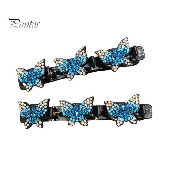 2Pcs Women Hairpins Sparkling Faux Crystal Butterflies Decor Braided Hair Clips Double Layer Bang Hair Pins