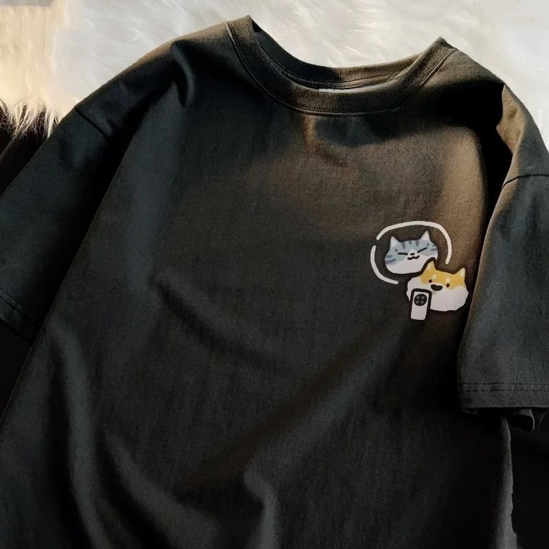 Cat Dog and Mobile Phone Print Women Round Neck Short Sleeve Soft Comfortable Streetwear Summer Fashion Women Clothes