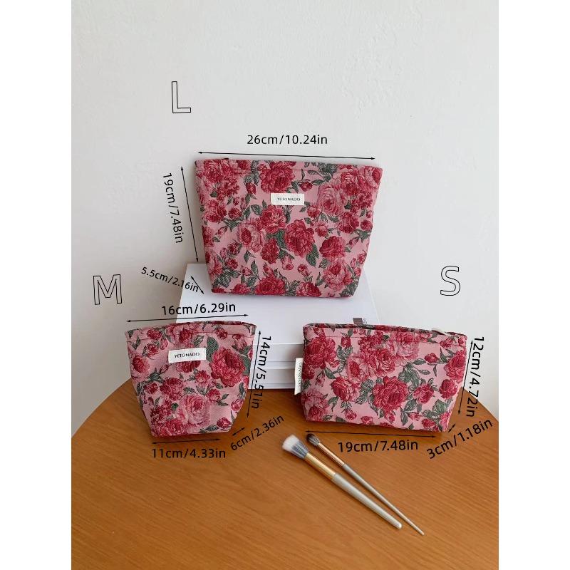 Vintage Makeup Bag Dark Red Floral Jacquard Fabric Cosmetic Pouch Women's Zip Square Clutch Handbag for Toiletries Storage