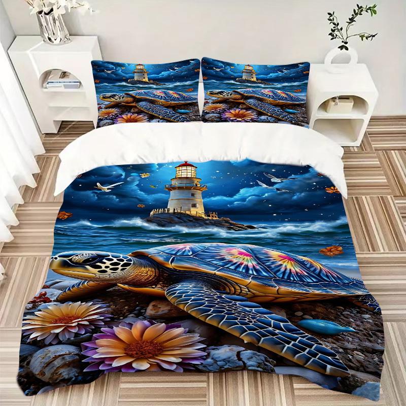 3pcs Lighthouse, Sea Turtle Duvet Cover Set - Machine Washable, Includes 1 Cover and 2 Pillowcases, No Core Included Yy251013005