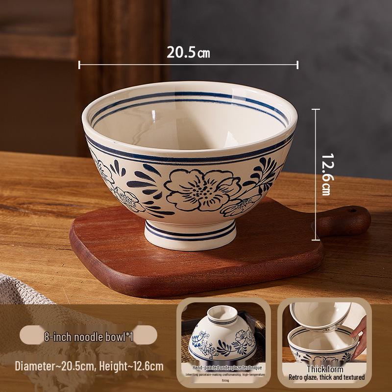 Retro Hand-Painted Blue & White Large Noodle Bowl - High-Footed Porcelain for Creative Dining