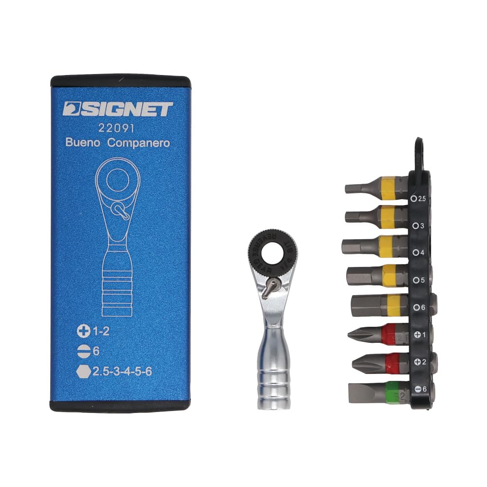 SIGNET Ultra Short Mini Ratchet Set 52 Gears 52mm Length Includes 8 Bits Blue 22091