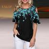 Damen T-Shirt Rundhalsausschnitt Kalte Schulter Kurzarm T-Shirt Lockere Passform Blumendruck Lässiges T-Shirt Für Den Alltag