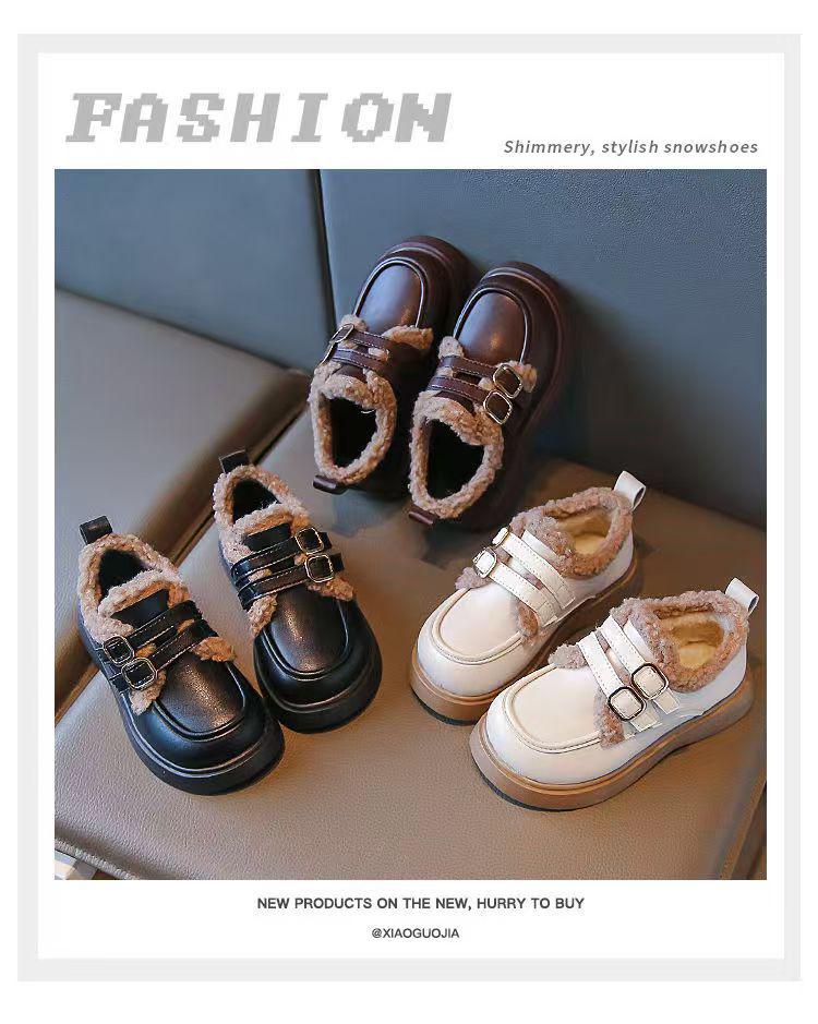 Girls' Cotton Fleece Princess Shoes - 2025 Autumn/Winter British Style, Warm & Thickened Soft Sole Leather Shoes