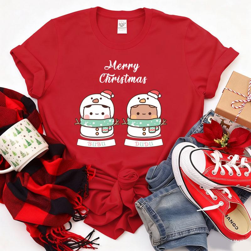 Kawaii SnowUnisex Bubu Dudu Christmas Graphic Tshirt Trendy Funny Cartoon Panda Printing Women Shirt Fashion Holiday Cotton Tees