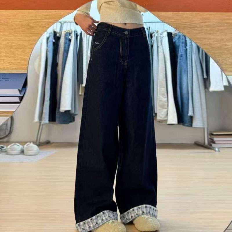 

Women s High Waist Wide-Leg Patchwork Bowknot Denim Pants - New Autumn 2026 American Design L темно-синього кольору