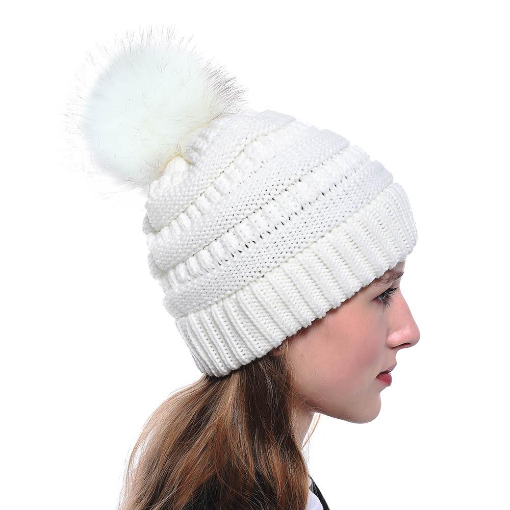 Gorro de punto trenzado de Color sólido con bola de zorro de piel sintética Otoño Invierno para mujer