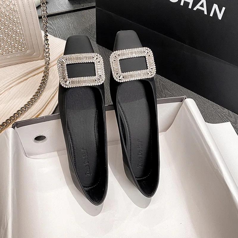 Fashion Women's High Heels Rhinestone Square Buckle 2024 New Flat Sole Single Shoe Large Size Women's Shoes 41-43