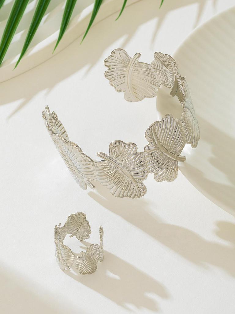 Retro Leaf Design Bracelet & Ring Set - Women’s Versatile High-End Accessory