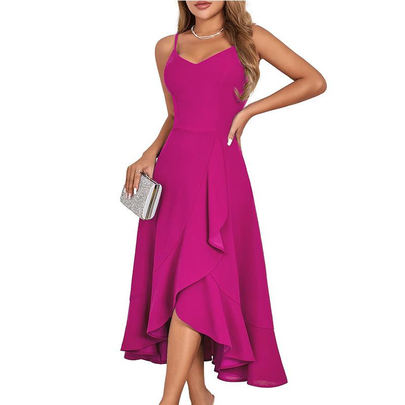 European and American new suspender cocktail party slim dress dance wedding bridesmaid ruffle sexy dress