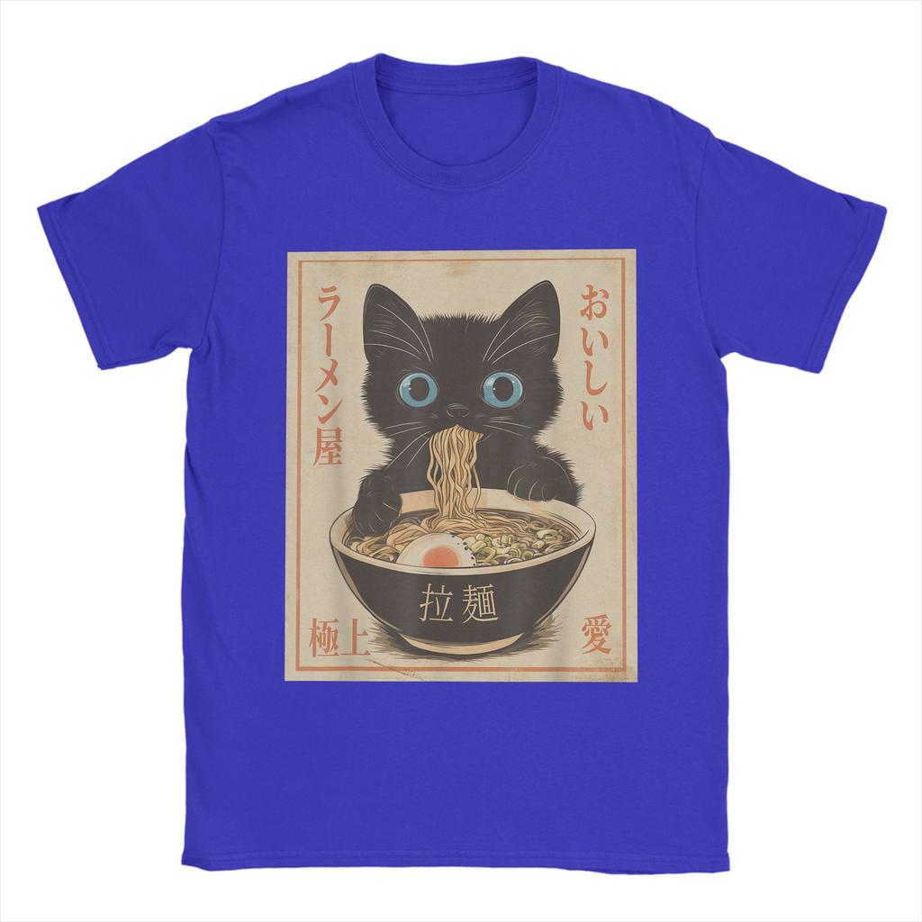 Japanese Black Cat Ramen T-Shirts Men Kawaii Noodle Cat Vintage Pure Cotton Tees O Neck Short Sleeve T Shirts Gift Idea Tops