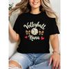 European Size Women's Volleyball Nana T-Shirt - Retro Black & Golden Volleyball & Leopard Print with Bow Accent, Soft Round Neck Short Sleeve Top