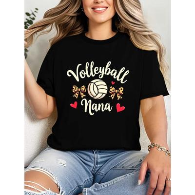 Europäische Größe Damen Volleyball Nana T-Shirt - Retro Schwarz & Goldener Volleyball & Leopardenmuster mit Schleifenakzent, Weiches Rundhals-Kurzarm-Oberteil