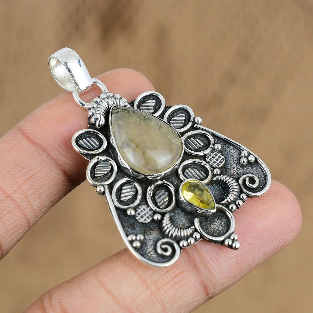Anniversary Gift For Her Natural Golden Rutile Gemstone Pendant 925 Silver
