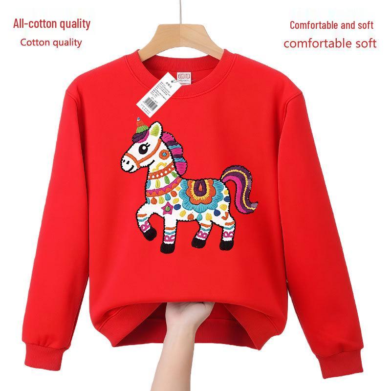 Red Zebra Print Crewneck Sweatshirt - Unisex, All Cotton, Festive New Year 2026 Horse Zodiac