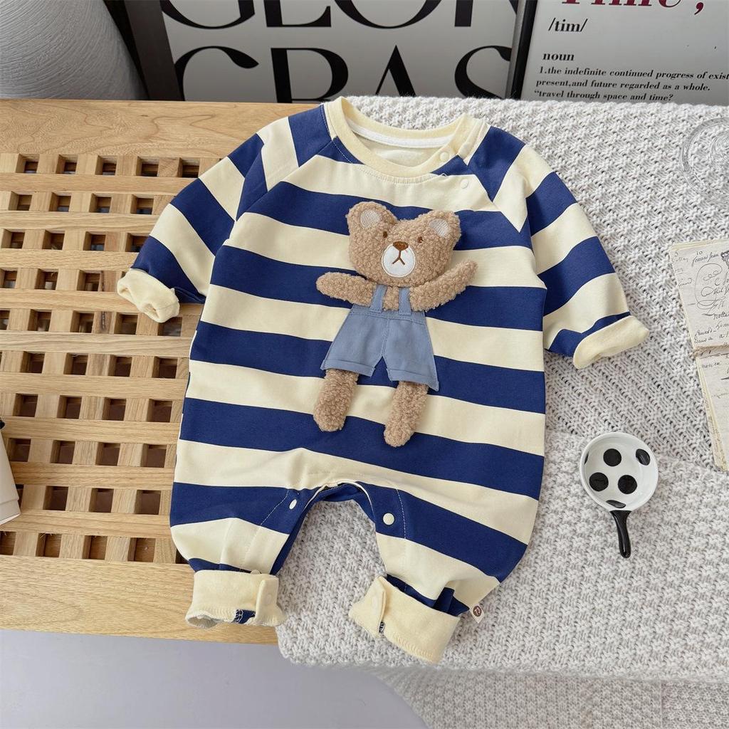 Levinjia Baby Strampler mit Streifen und kleinem Bären - Langarm-Body für Jungen und Mädchen für Frühling/Herbst