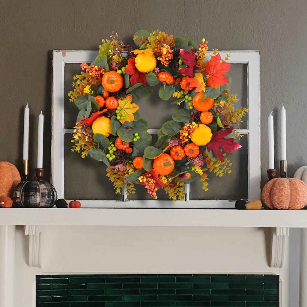 50cm Harvest festival decor pumpkin maple leaves wreath, front door hanging wreath, home decorative flower wreath
