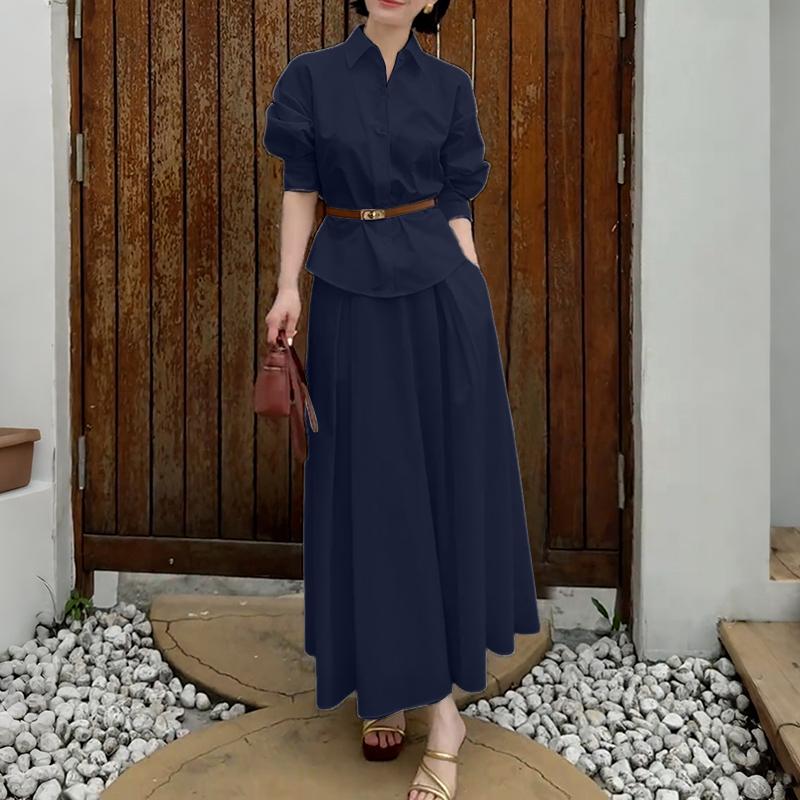 ZANZEA Damen Langarmbluse und Lange Röcke Lässige Zweiteiler Anzugsets