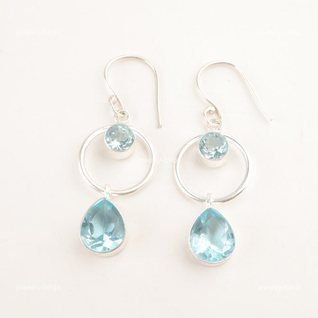 Sky Blue Topaz Stone Sterling Silver Mothers Day Wedding Dangle Hook Earrings EE-140-14