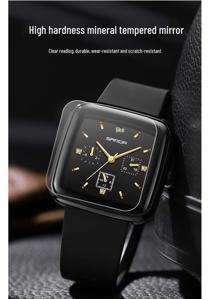 Sanda Square Men's & Women's Quartz Watch with Silicone Strap, Six Hands, Waterproof, Bar Markers, Fashionable Design