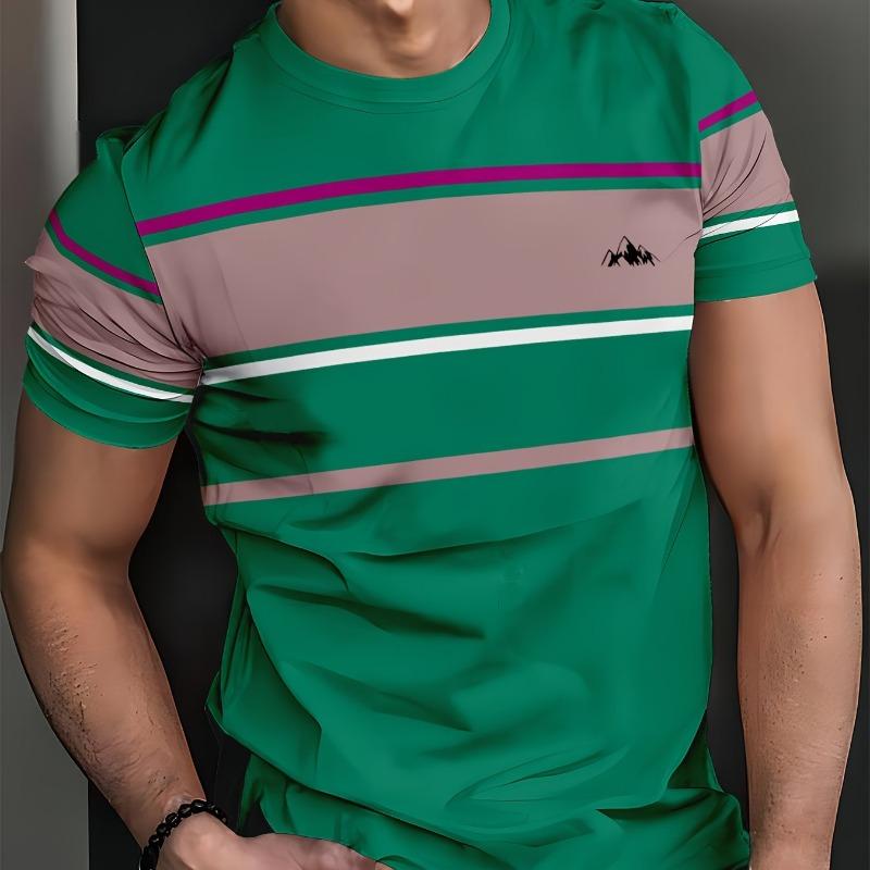 Camiseta Casual Masculina de Manga Curta - Listrada em Azul Brilhante, Vermelho e Branco com Estampa Digital 3D