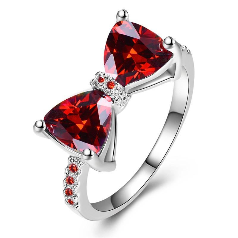 Chic Four Claws Bowknot Red Zircon Rings for Women Ring Fashion Jewelry Size 6-10